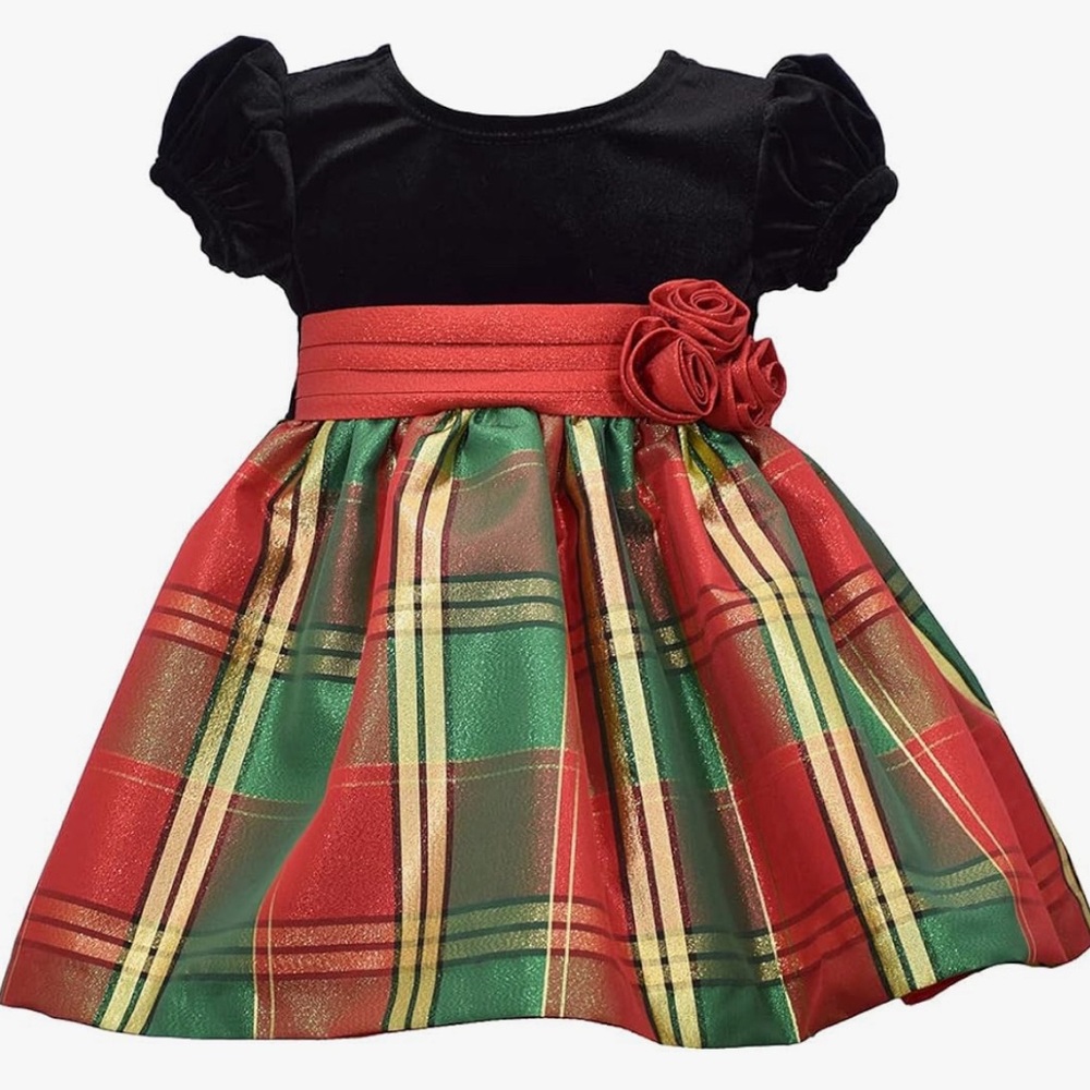 Bonnie Jean Short Sleeve Christmas Dress with Black Velvet and Red